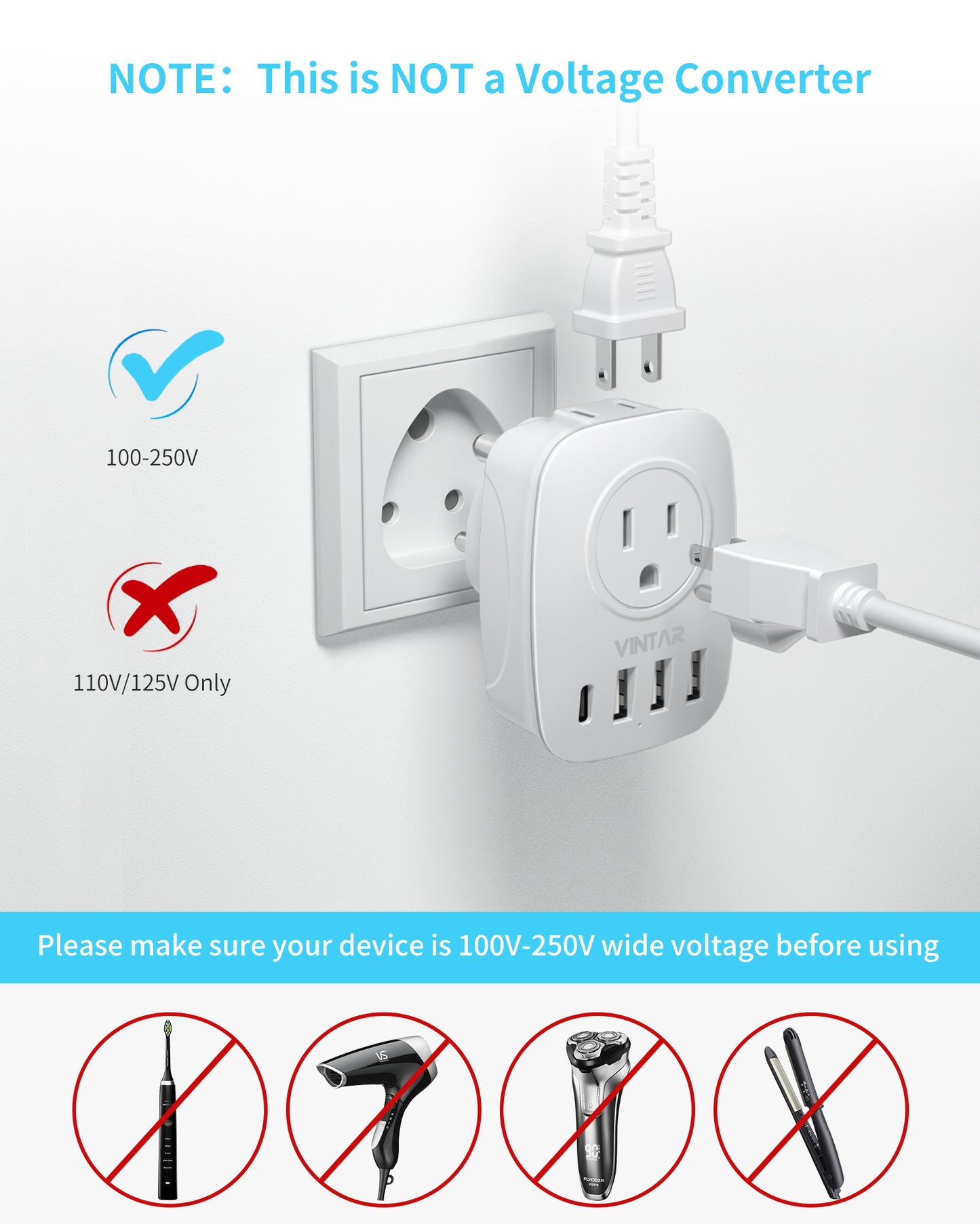 US to India Plug Adapter,VINTAR Type D Travel Adapter with 1 USB C,3 USB Ports and 2 American Outlets,6 in 1 India Power Adapter for USA to India, Bangladesh, Pakistan, Maldives