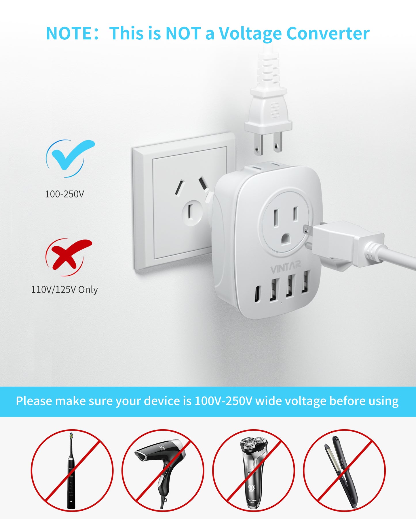 Australia New Zealand Power Plug Adapter, VINTAR Australia Travel Adapter with 1 USB C,3 USB Ports and 2 American Outlets, 6 in 1 Type I Plug Adapter for US to Australia, China, Argentina