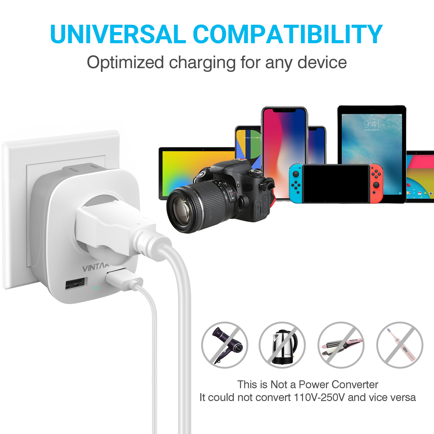 European Travel Plug Adapter, VINTAR International Power Adapter with 2 USB Ports,2 American Outlets- 4 in 1 Travel Essentials to France, Germany, Greece, Italy, Israel, Spain (Type C)