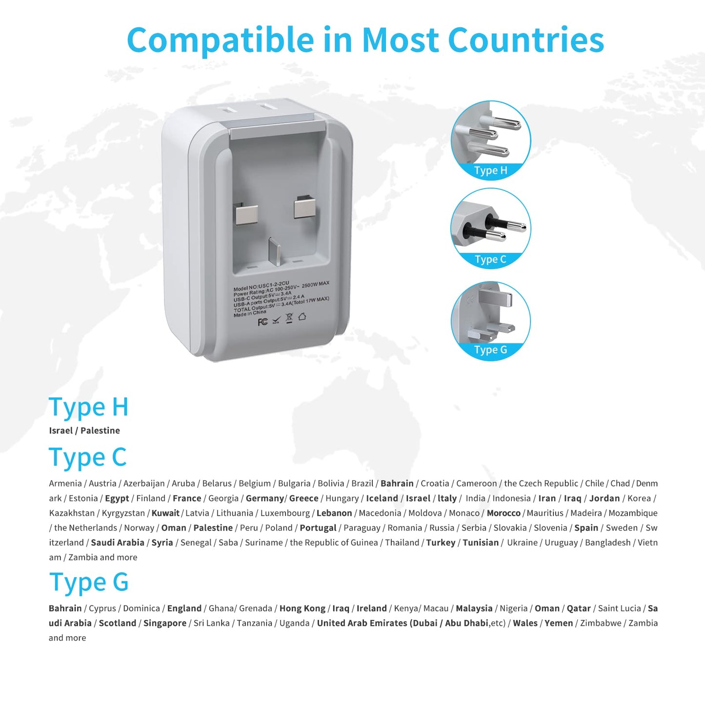 Jordan Israel Power Adapter Kit, VINTAR International Plug Adapter with 3 USB Ports (2 USB C, 3.4A) & 2 American Outlets, Type H,C,G Swap&Adapt Attachments, Adapter for US to Egypt Jerusalem Palestine