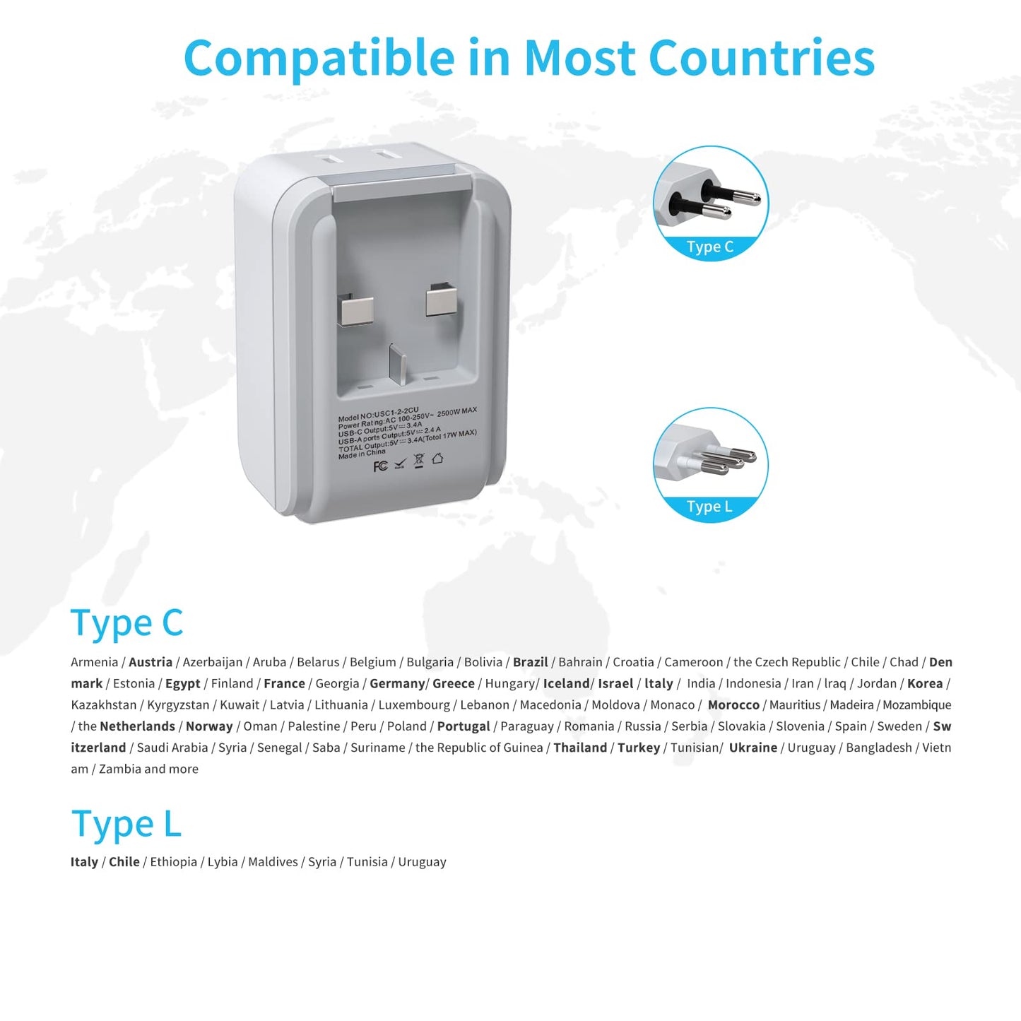European Travel Plug Adapter Kit, VINTAR International Plug Adapter with 3 USB Ports (2 USB C, 3.4A) & 2 American Outlets, Type L,C Swap&Adapt Attachments, Adapter for US to Chile Germany France Italy