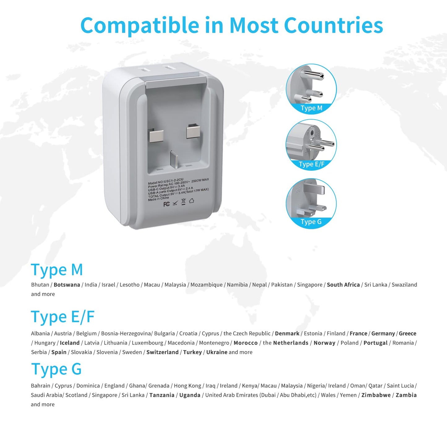South Africa Power Adapter Kit, VINTAR International Plug Adapter with 3 USB Ports (2 USB C, 3.4A) & 2 American Outlets, Type M,G,E/F Swap&Adapt Attachments, Adapter for US to Africa Botswana Morocco