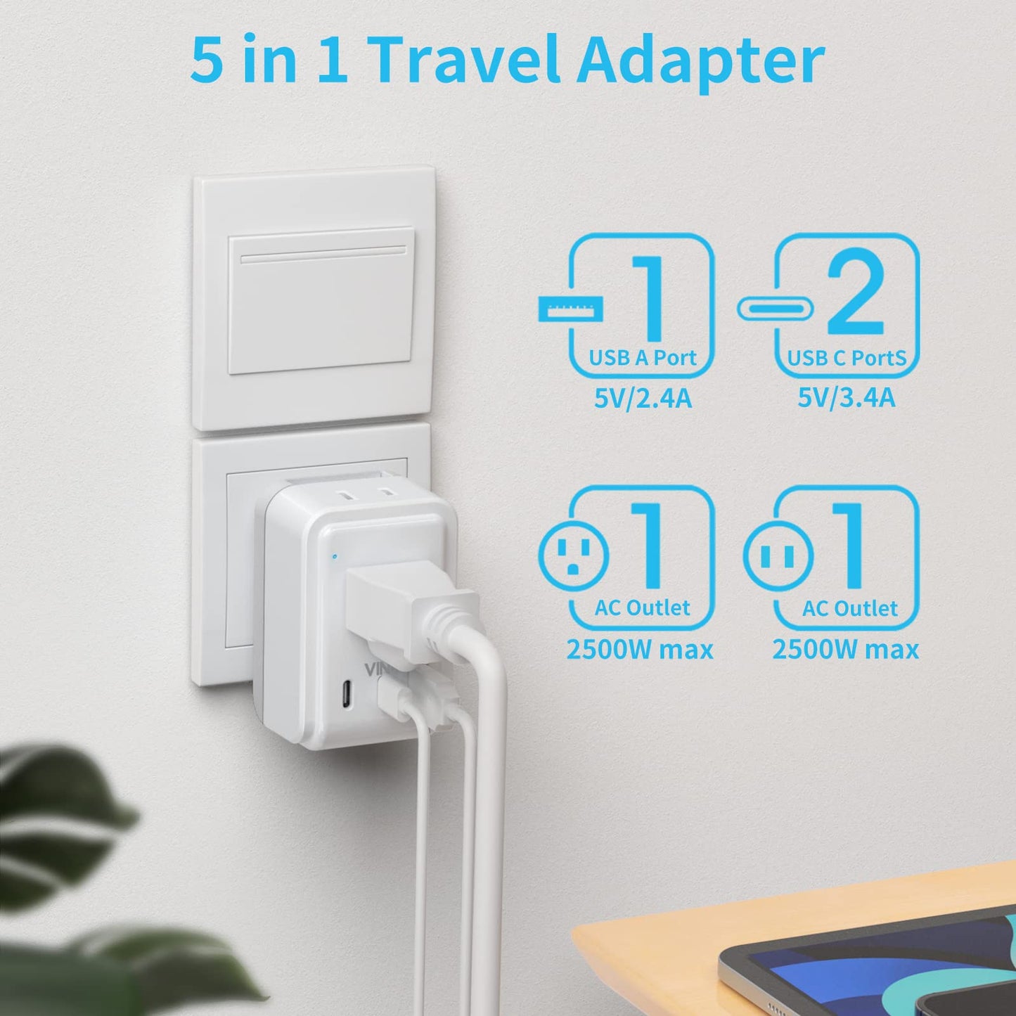 South Africa Power Adapter Kit, VINTAR International Plug Adapter with 3 USB Ports (2 USB C, 3.4A) & 2 American Outlets, Type M,G,E/F Swap&Adapt Attachments, Adapter for US to Africa Botswana Morocco