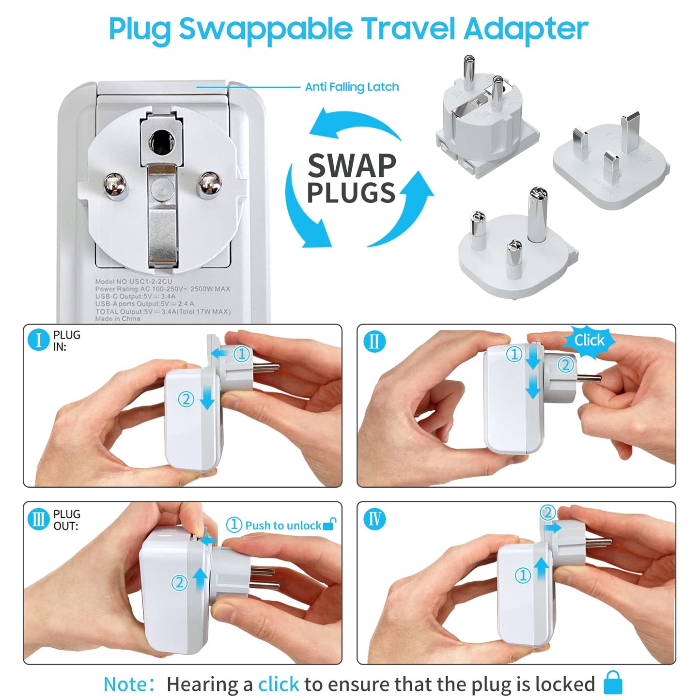 South Africa Power Adapter Kit, VINTAR International Plug Adapter with 3 USB Ports (2 USB C, 3.4A) & 2 American Outlets, Type M,G,E/F Swap&Adapt Attachments, Adapter for US to Africa Botswana Morocco