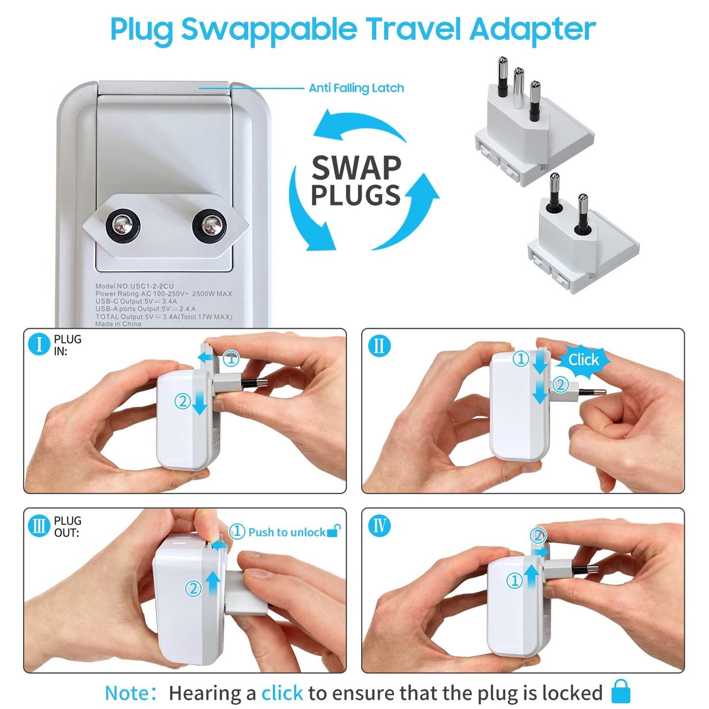 European Travel Plug Adapter Kit, VINTAR International Plug Adapter with 3 USB Ports (2 USB C, 3.4A) & 2 American Outlets, Type L,C Swap&Adapt Attachments, Adapter for US to Chile Germany France Italy