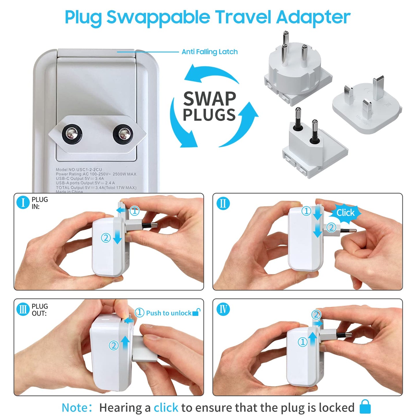 Jordan Israel Power Adapter Kit, VINTAR International Plug Adapter with 3 USB Ports (2 USB C, 3.4A) & 2 American Outlets, Type H,C,G Swap&Adapt Attachments, Adapter for US to Egypt Jerusalem Palestine