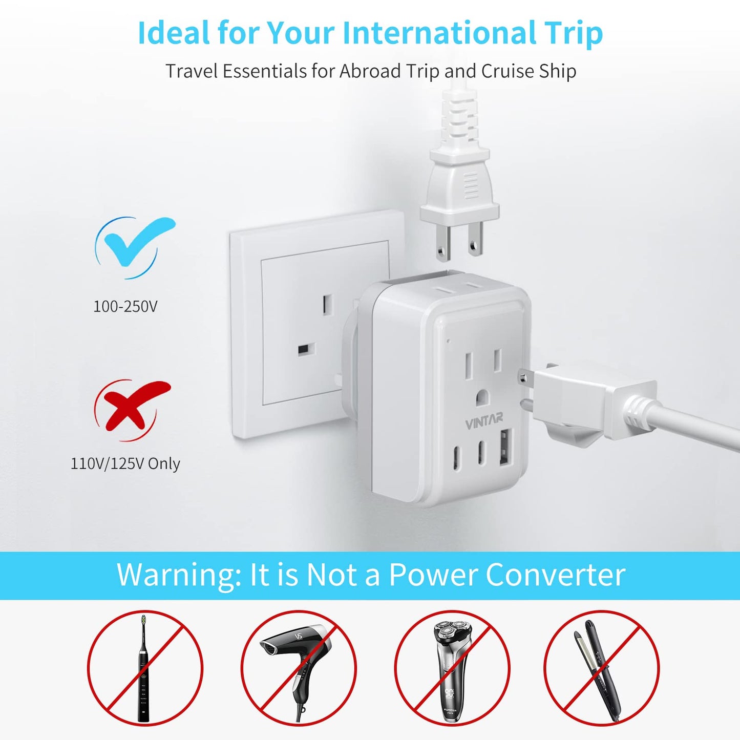 South Africa Power Adapter Kit, VINTAR International Plug Adapter with 3 USB Ports (2 USB C, 3.4A) & 2 American Outlets, Type M,G,E/F Swap&Adapt Attachments, Adapter for US to Africa Botswana Morocco