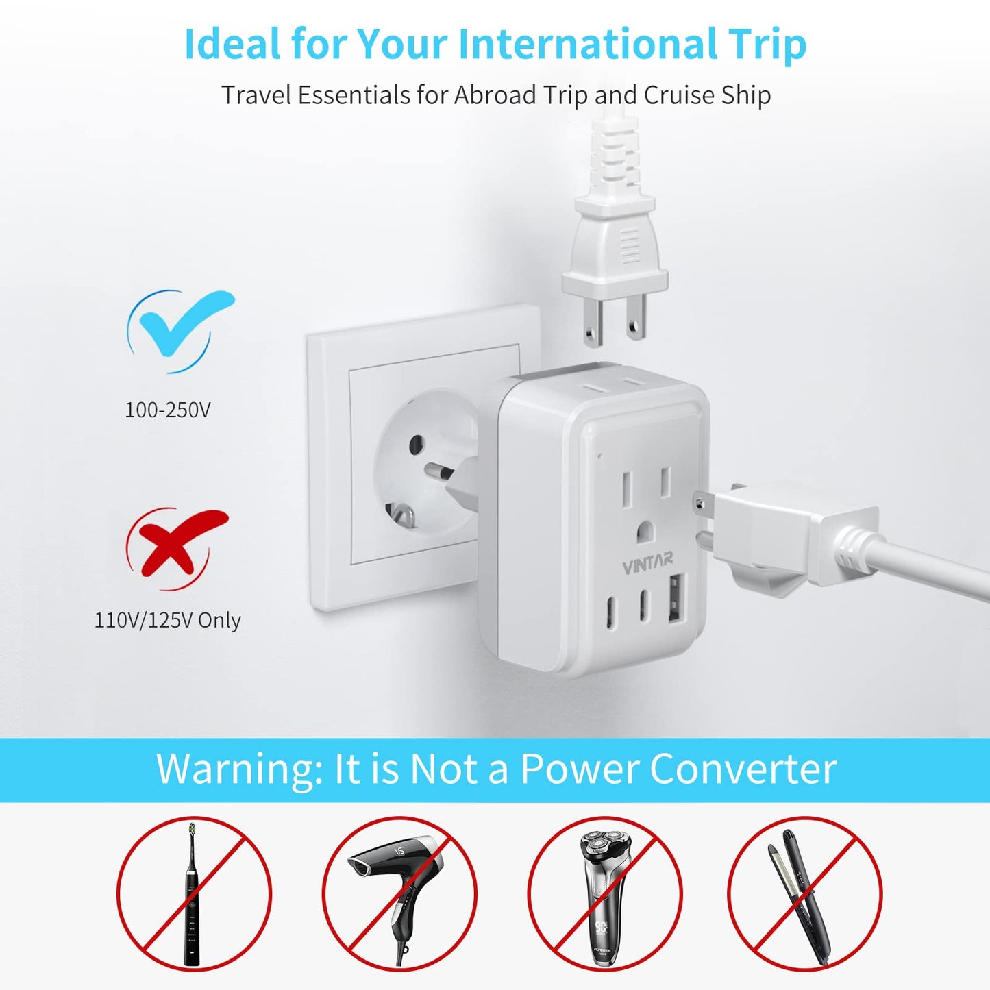 Jordan Israel Power Adapter Kit, VINTAR International Plug Adapter with 3 USB Ports (2 USB C, 3.4A) & 2 American Outlets, Type H,C,G Swap&Adapt Attachments, Adapter for US to Egypt Jerusalem Palestine
