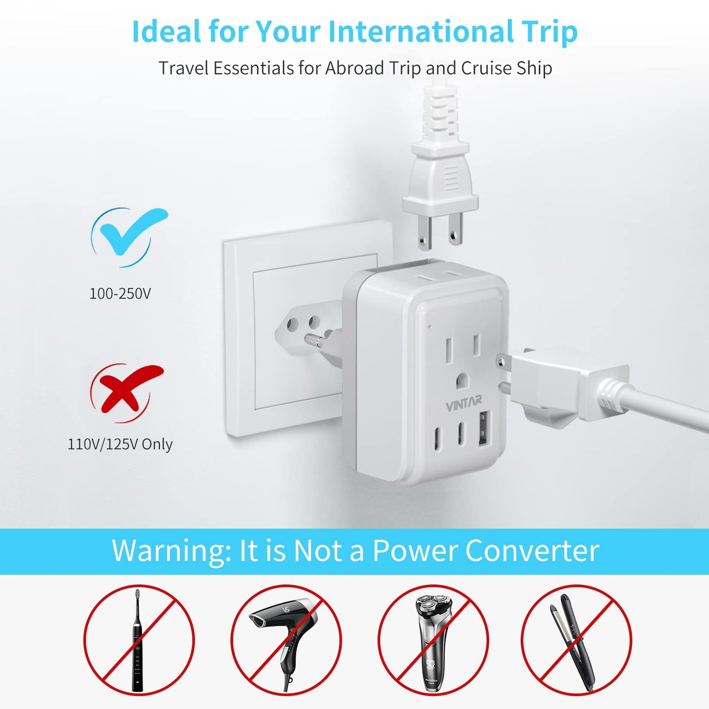 European Travel Plug Adapter Kit, VINTAR International Plug Adapter with 3 USB Ports (2 USB C, 3.4A) & 2 American Outlets, Type L,C Swap&Adapt Attachments, Adapter for US to Chile Germany France Italy