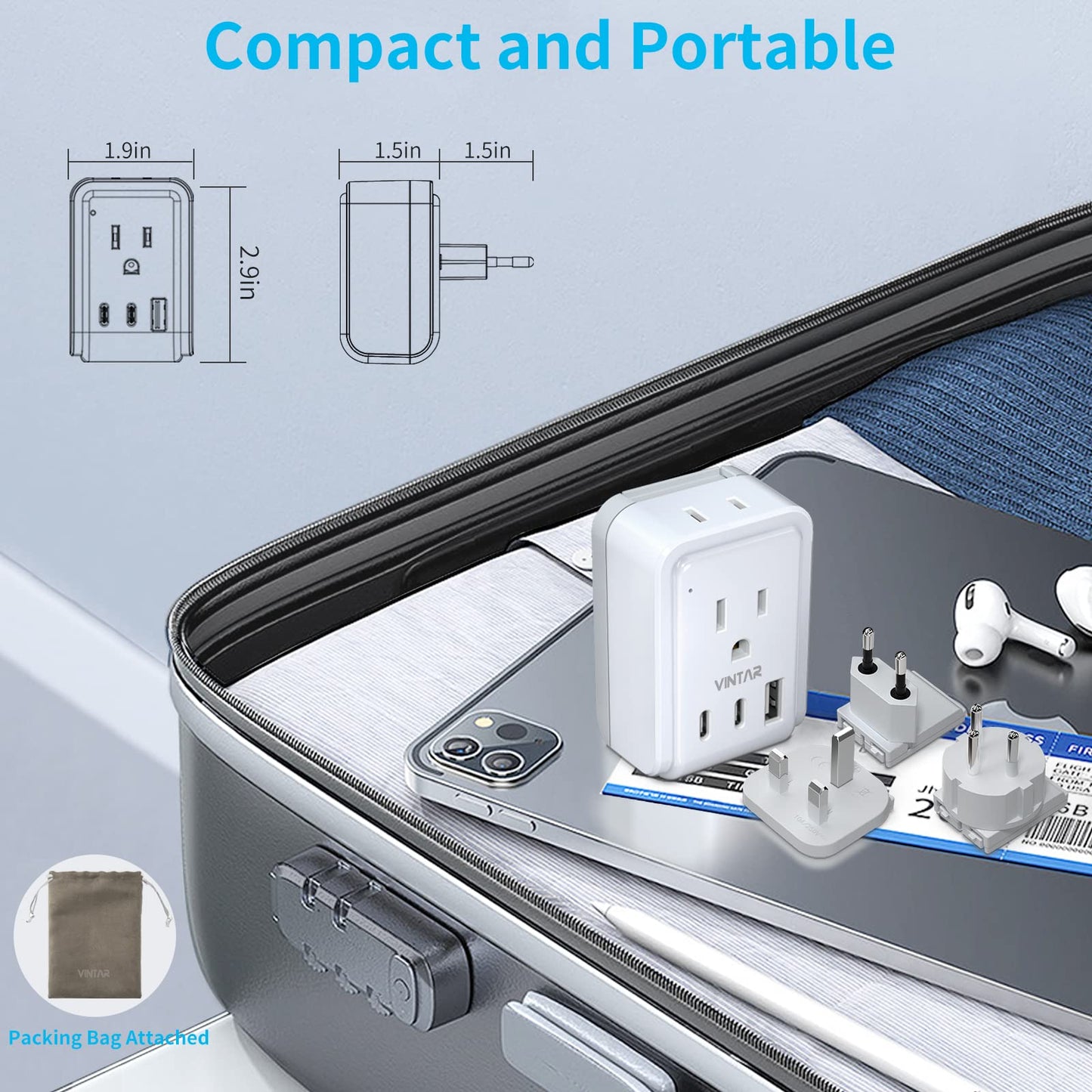 Jordan Israel Power Adapter Kit, VINTAR International Plug Adapter with 3 USB Ports (2 USB C, 3.4A) & 2 American Outlets, Type H,C,G Swap&Adapt Attachments, Adapter for US to Egypt Jerusalem Palestine