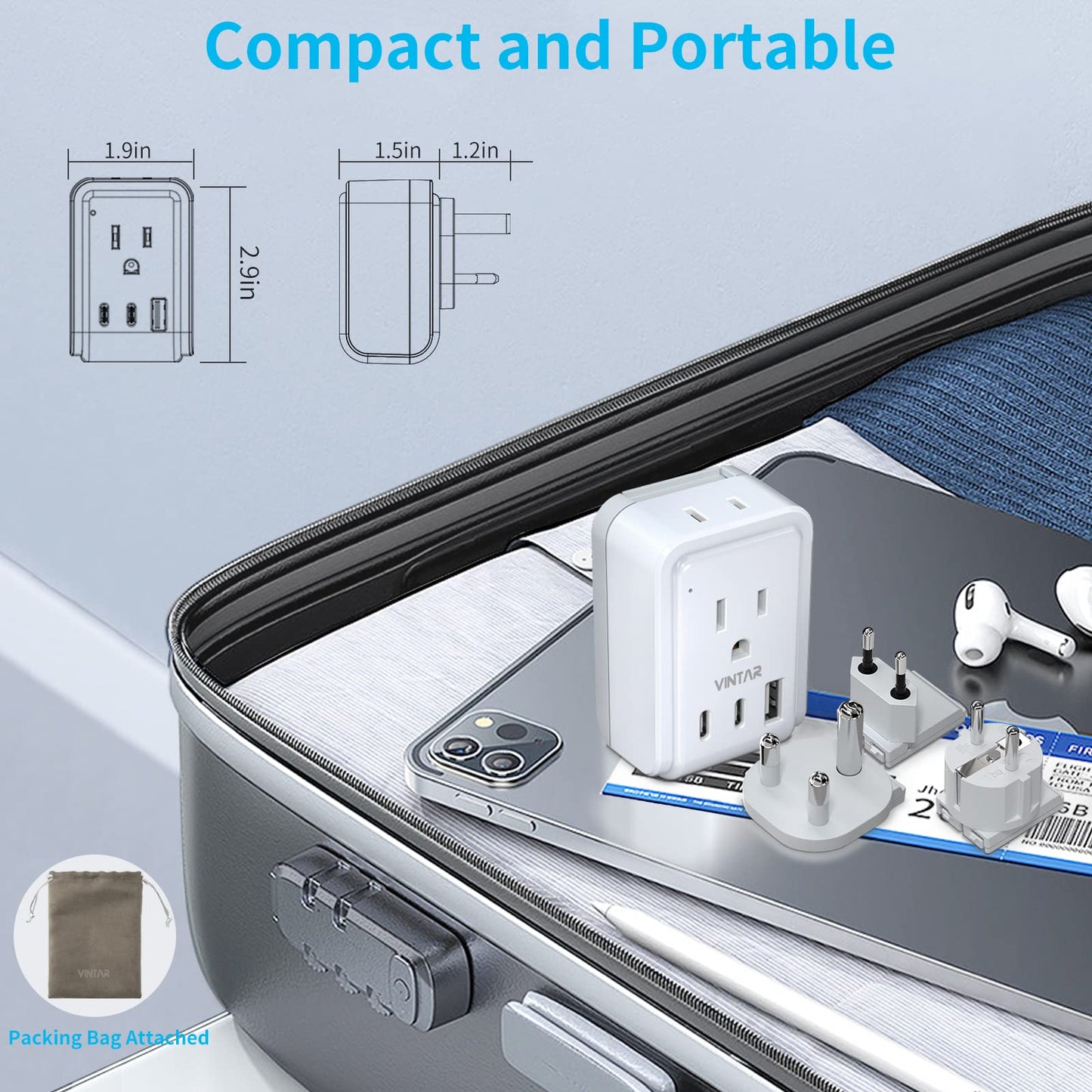 South Africa Power Adapter Kit, VINTAR International Plug Adapter with 3 USB Ports (2 USB C, 3.4A) & 2 American Outlets, Type M,G,E/F Swap&Adapt Attachments, Adapter for US to Africa Botswana Morocco