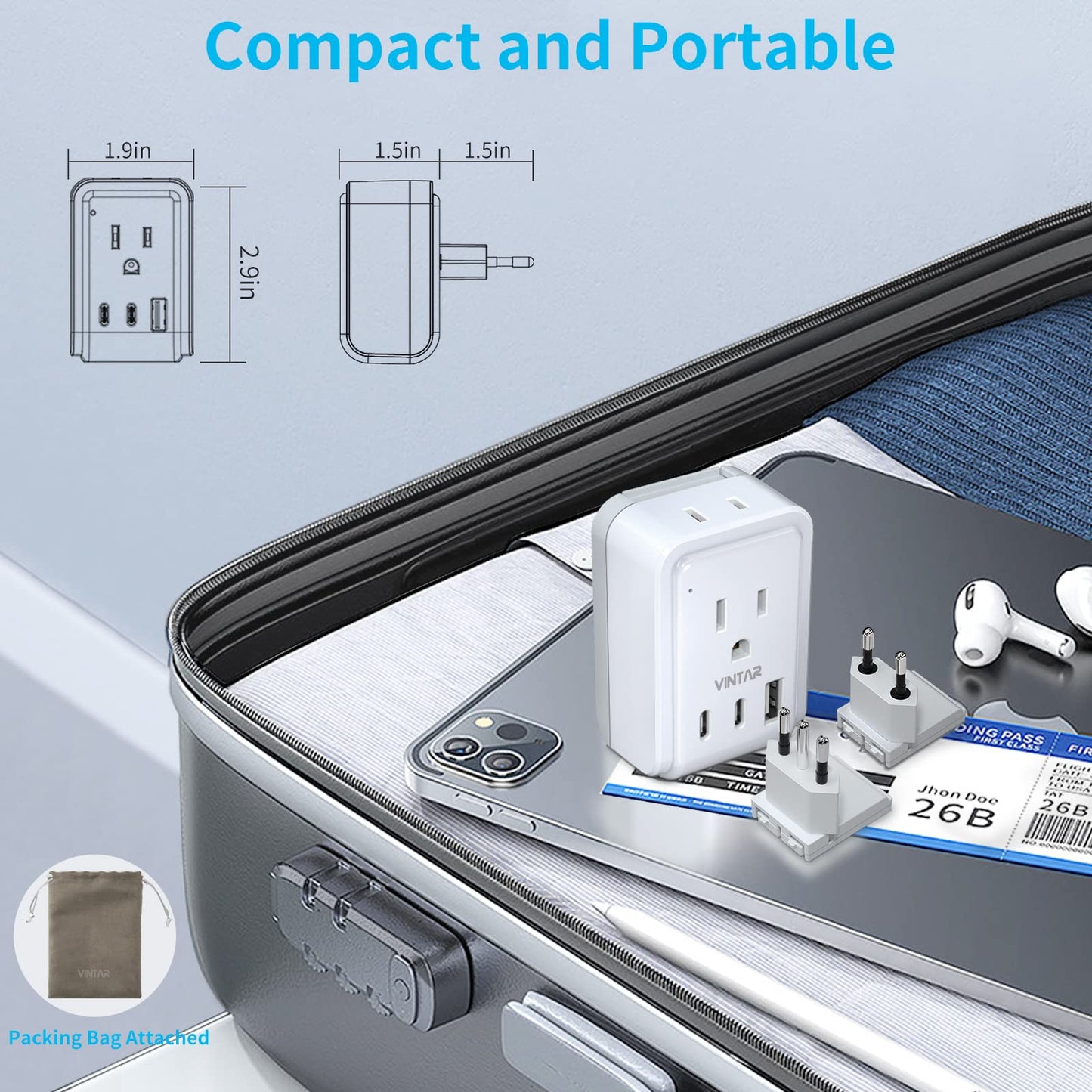 European Travel Plug Adapter Kit, VINTAR International Plug Adapter with 3 USB Ports (2 USB C, 3.4A) & 2 American Outlets, Type L,C Swap&Adapt Attachments, Adapter for US to Chile Germany France Italy