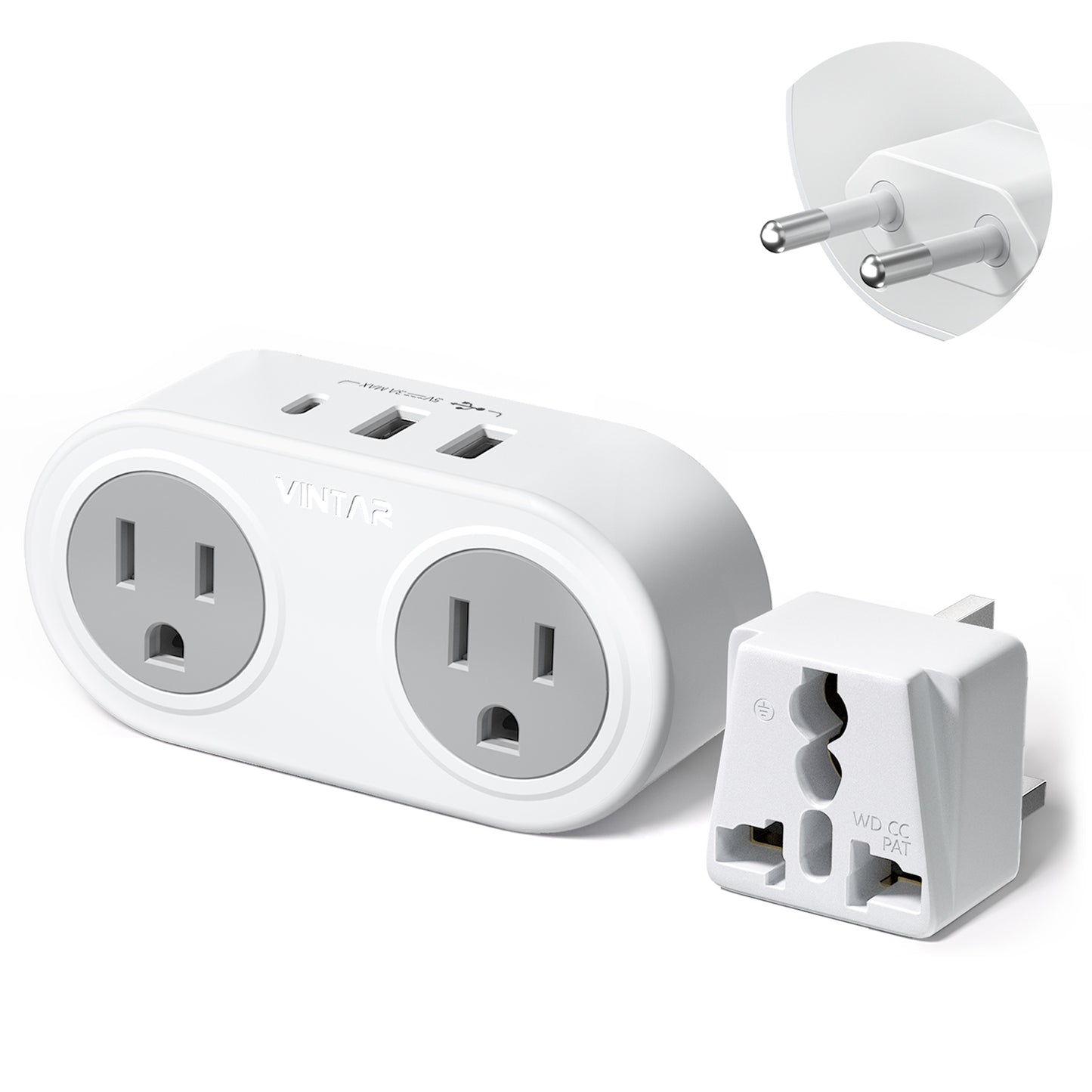 European Travel Plug Adapter for Europe & UK, VINTAR International Power Plug with 1 USB C 2 USB A Ports and 2 American Outlets, Type C Charger Travel Essentials to Italy Greece Israel France Spain