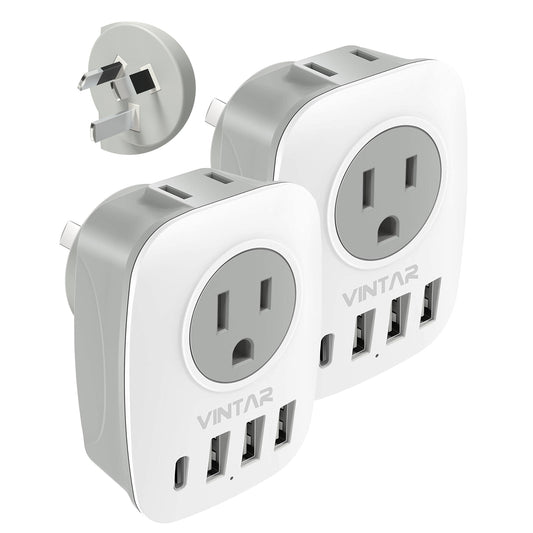 [2-Pack] Australia New Zealand Power Plug Adapter, VINTAR Australia Travel Adapter with 1 USB C,3 USB Ports and 2 American Outlets, 6 in 1 Type I Plug Adapter for US to Australia, Argentina, China