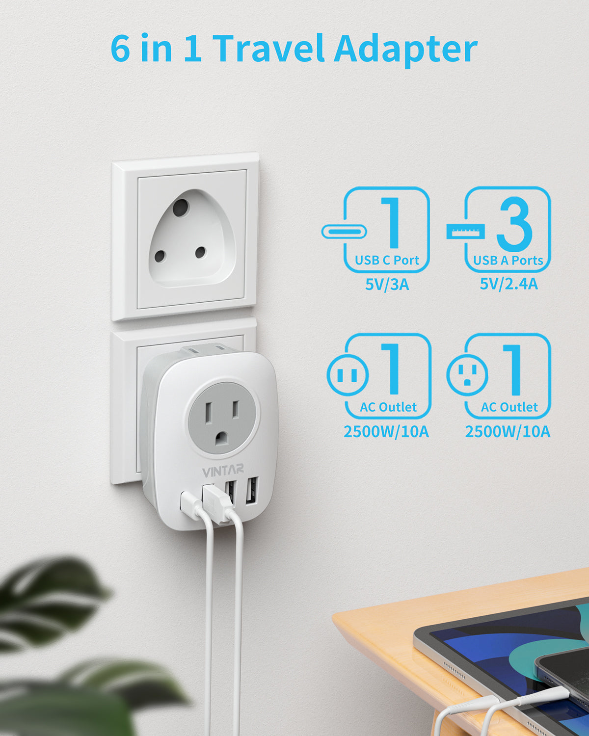 US to India Plug Adapter, VINTAR Type D Travel Adapter with 1 USB C, 3 USB Ports and 2 American Outlets, 6 in 1 India Power Adapter for USA to India, Bangladesh, Maldives, Pakistan