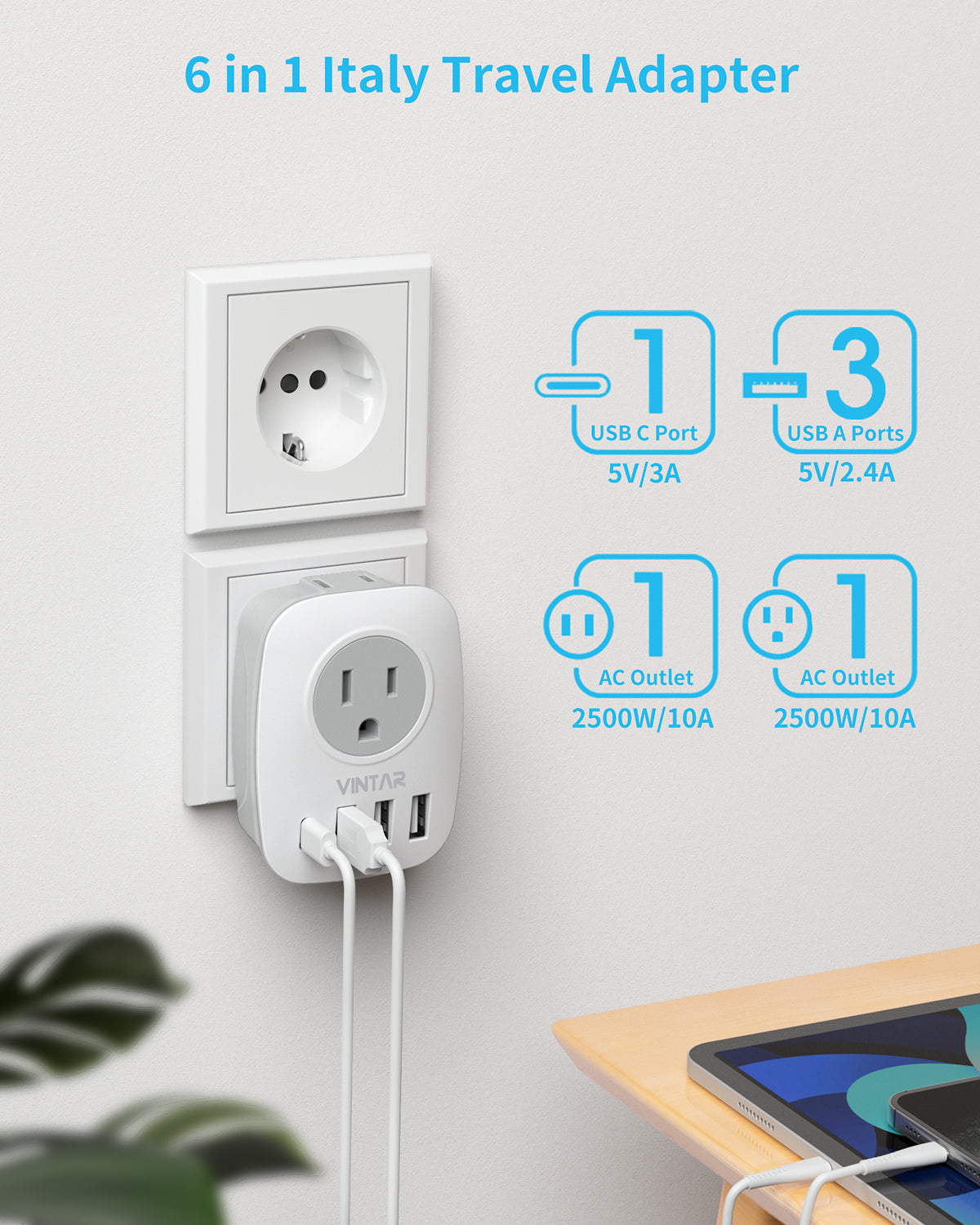 Italy Travel Plug Adapter, VINTAR US to Italy Power Adapter with 2 American Outlets, 3 USB and 1 USB-C Ports, 6 in 1 Type L Plug Adapter for USA to Italy Uruguay Chile