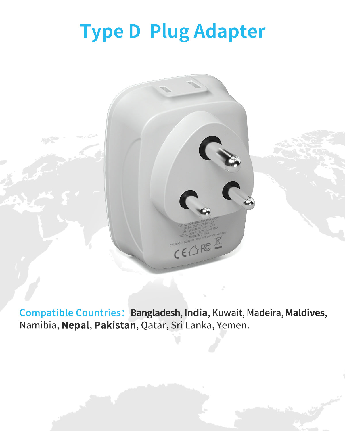 US to India Plug Adapter, VINTAR Type D Travel Adapter with 1 USB C, 3 USB Ports and 2 American Outlets, 6 in 1 India Power Adapter for USA to India, Bangladesh, Maldives, Pakistan