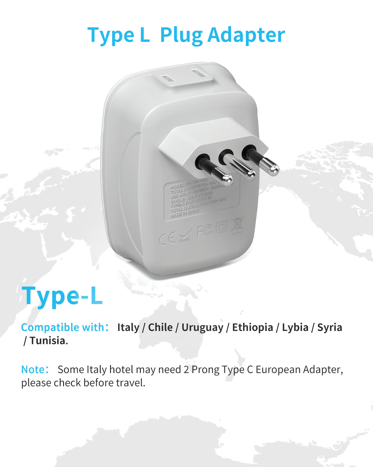 Italy Travel Plug Adapter, VINTAR US to Italy Power Adapter with 2 American Outlets, 3 USB and 1 USB-C Ports, 6 in 1 Type L Plug Adapter for USA to Italy Uruguay Chile