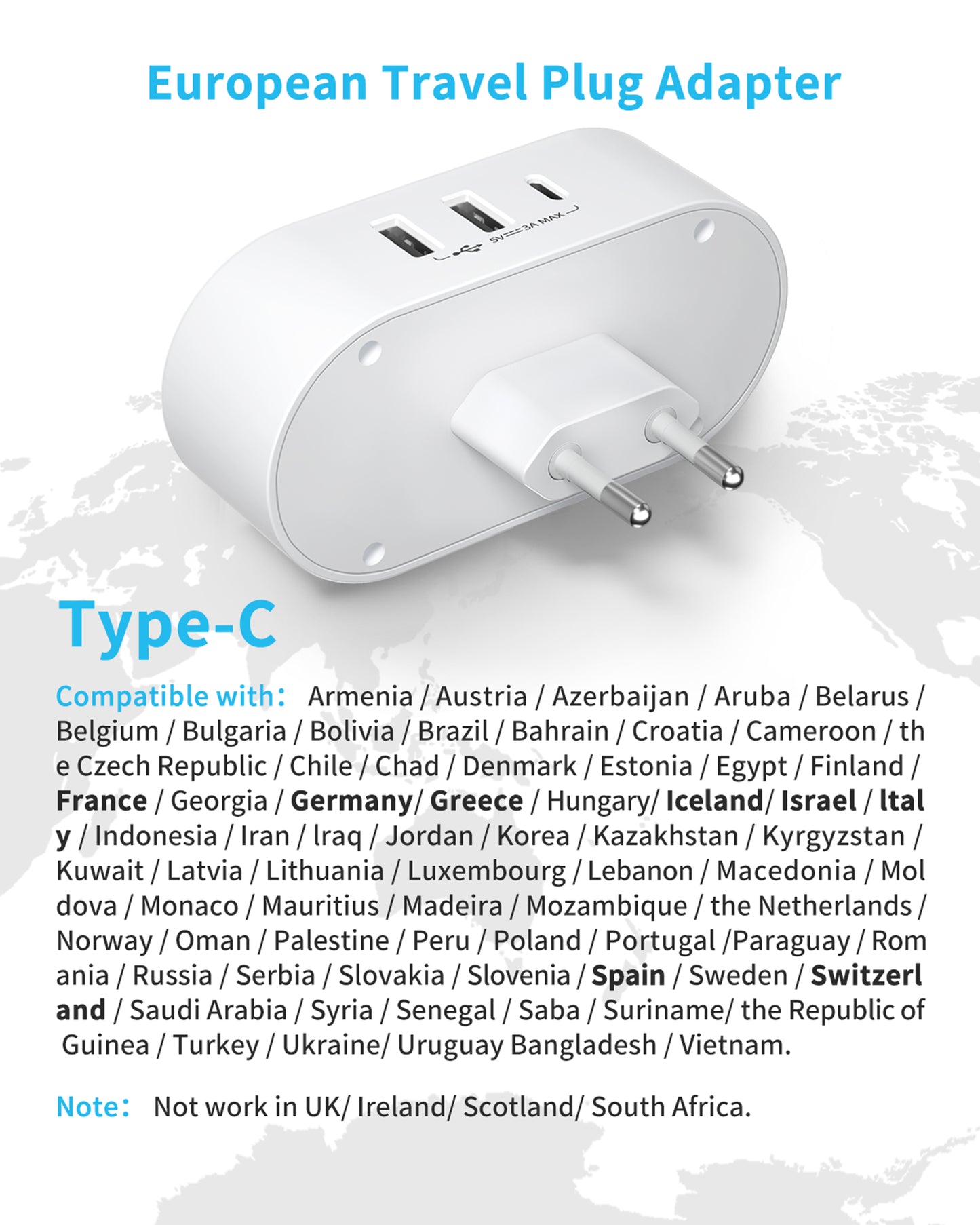 European Travel Plug Adapter for Europe & UK, VINTAR International Power Plug with 1 USB C 2 USB A Ports and 2 American Outlets, Type C Charger Travel Essentials to Italy Greece Israel France Spain