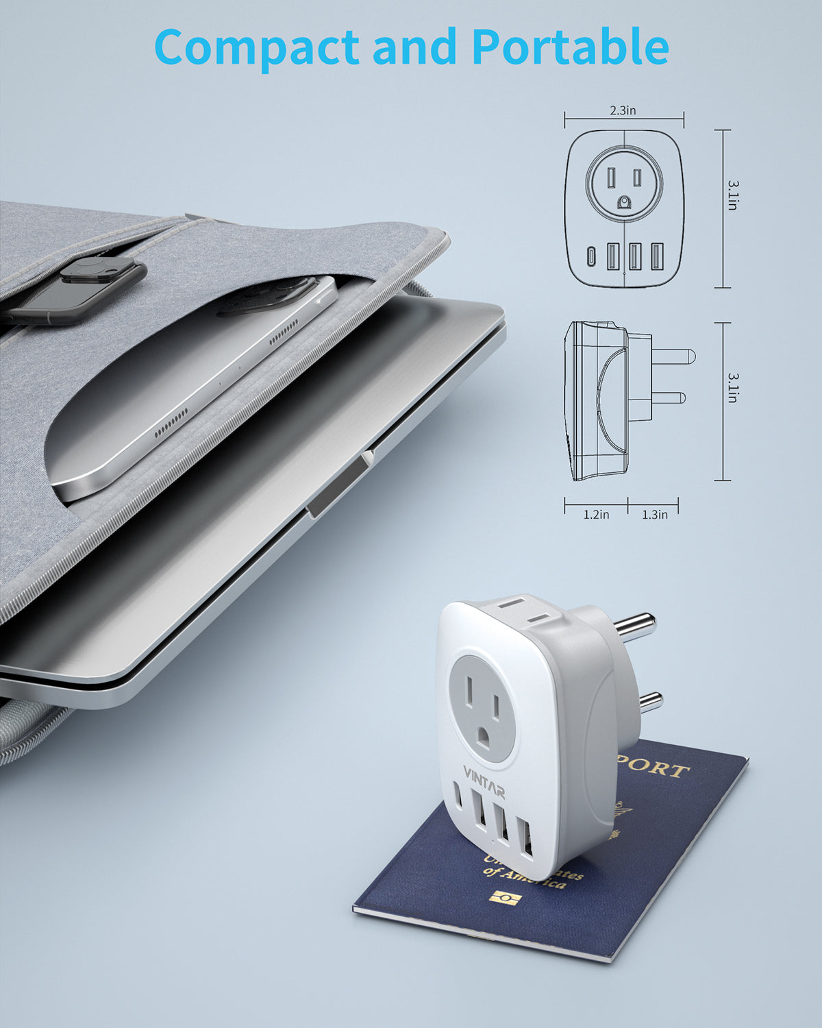 US to India Plug Adapter, VINTAR Type D Travel Adapter with 1 USB C, 3 USB Ports and 2 American Outlets, 6 in 1 India Power Adapter for USA to India, Bangladesh, Maldives, Pakistan