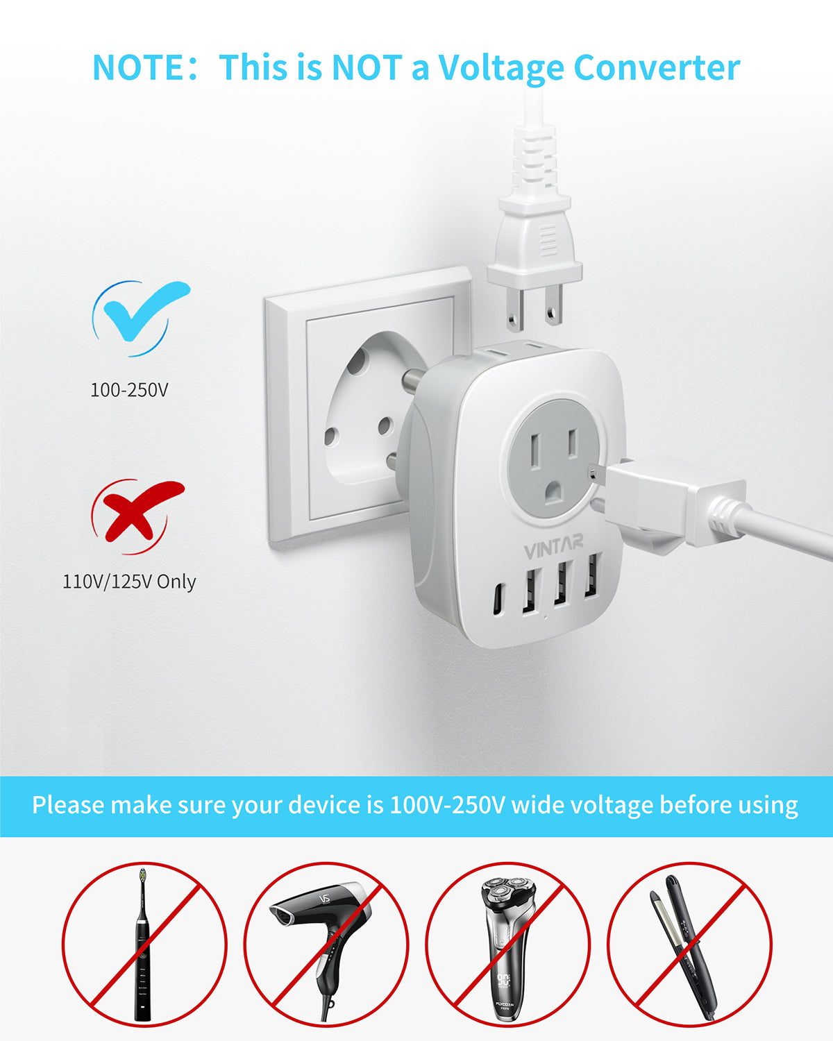 US to India Plug Adapter, VINTAR Type D Travel Adapter with 1 USB C, 3 USB Ports and 2 American Outlets, 6 in 1 India Power Adapter for USA to India, Bangladesh, Maldives, Pakistan