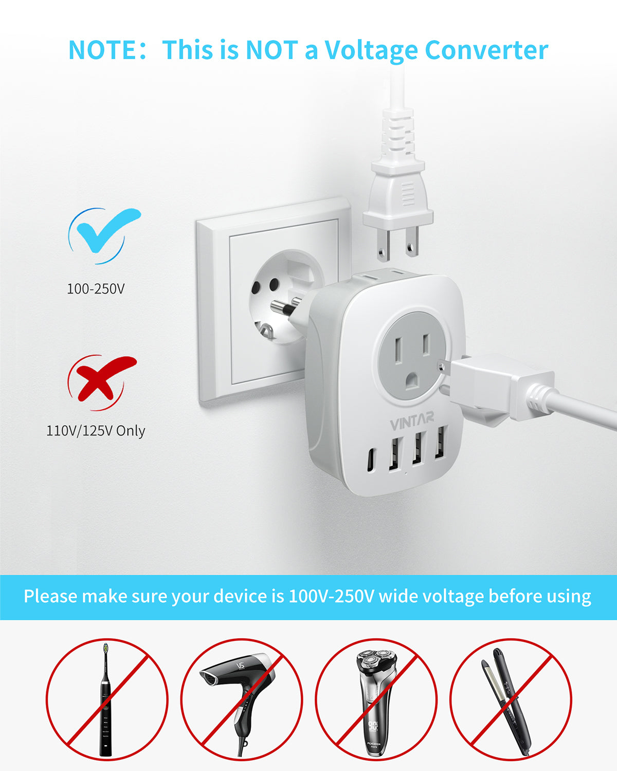 Italy Travel Plug Adapter, VINTAR US to Italy Power Adapter with 2 American Outlets, 3 USB and 1 USB-C Ports, 6 in 1 Type L Plug Adapter for USA to Italy Uruguay Chile