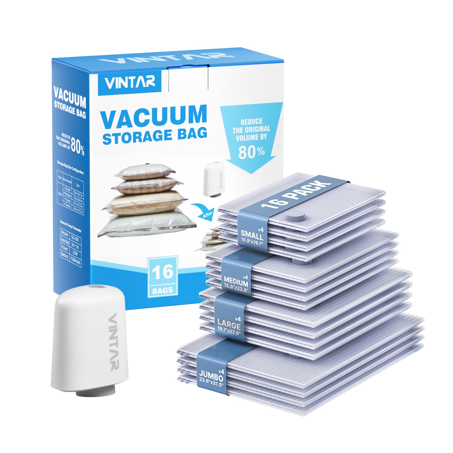 Travel Vacuum Seal Bags for Clothing with Rechargeable Cordless Pump, VINTAR 16 Pack (4J+4L+4M+4S) Carry-on Size Space Saver Vacuum Storage Bags, Compression Packing Bags for Luggage and Suitcase