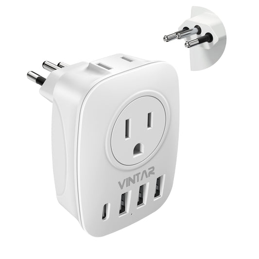 Brazil Adapter Plug, VINTAR Type N Plug Adapter with 1 USB-C, 3 USB Ports and 2 American Outlets, 6 in 1 Brazil Power Adapter for US to Brazil