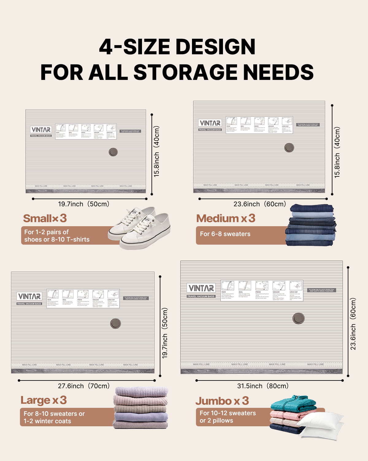 Vacuum Seal Bags for Clothing Travel, VINTAR 12 Pack Vacuum Storage Bags with Rechargeable Wireless Pump, Space Saver Bags(3 Jumbo+3 Large+3 Medium+3 Small) for Travel Luggage, Suitcase Storage