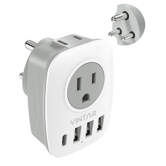 US to India Plug Adapter, VINTAR Type D Travel Adapter with 1 USB C, 3 USB Ports and 2 American Outlets, 6 in 1 India Power Adapter for USA to India, Bangladesh, Maldives, Pakistan