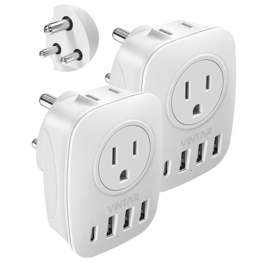 [2-Pack] US to India Plug Adapter,VINTAR Type D Travel Adapter with 1 USB C,3 USB Ports and 2 American Outlets,6 in 1 India Power Adapter for USA to India, Bangladesh, Pakistan, Maldives