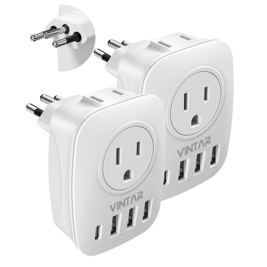 [2-Pack] Brazil Adapter Plug, VINTAR Type N Plug Adapter with 1 USB-C, 3 USB Ports and 2 American Outlets, 6 in 1 Brazil Power Adapter for US to Brazil