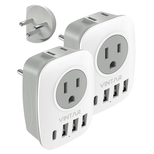 [2-Pack] Israel Power Adapter, VINTAR Israel Plug Adapter with 1 USB C,3 USB Ports and 2 American Outlets,6 in 1 Type H Travel Adapter for US to Israel, Jerusalem, Palestine