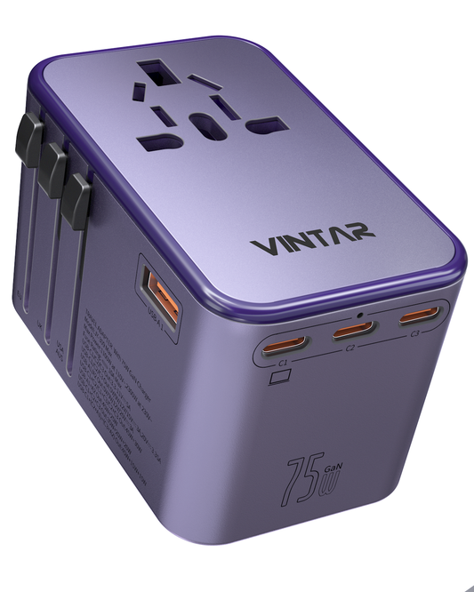 Universal Travel Adapter, VINTAR 75W GaN International Plug Adapter with 3 USB-C PD & 2 USB-A QC, All-in-one Travel Essentials for UK/EU/USA/AUS, Travel Adapter Worldwide for Laptops Phones, Purple