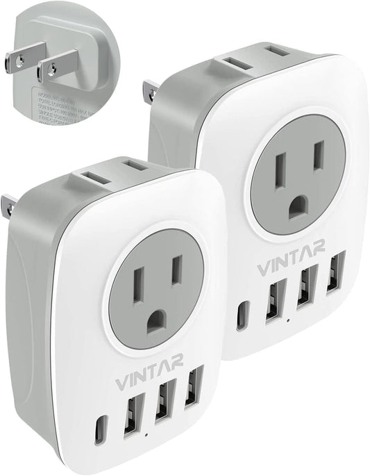US to Japan Plug Adapter, VINTAR Japan Travel Power Adapter with 2 AC Outlets, 3 USB and 1 USB C Ports, 2 Prong to 3 Prong Outlet Adapter for US to Japanese China Canada Philippines, Type A, 2 Pack