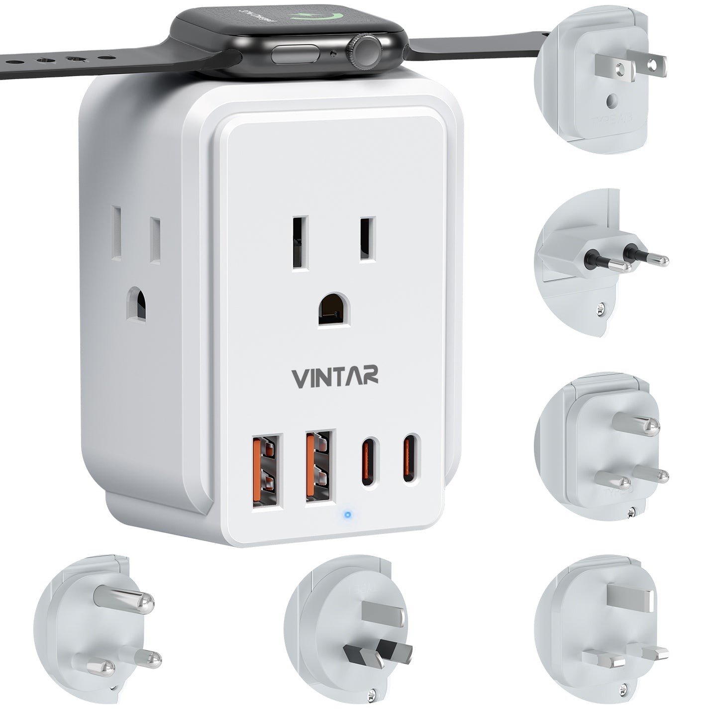 Universal Travel Adapter Kit, VINTAR International Power Adapter for Apple Watch Charger with 3 AC Outlets 4 USB Ports (2 USB C), Type A/C/D/G/I/M Detachable Plugs, US to Europe/UK/India/Africa
