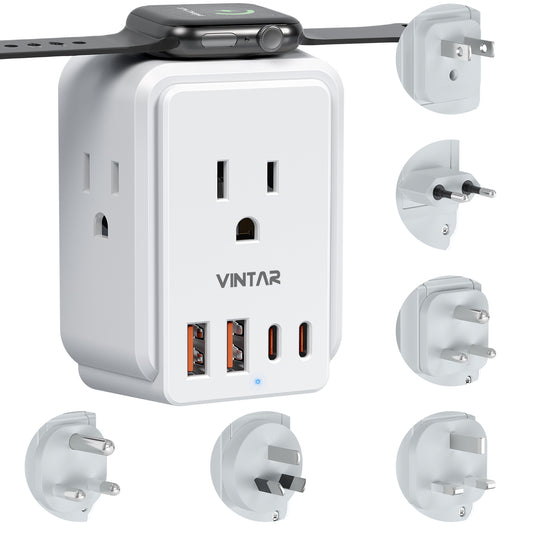 Universal Travel Adapter Kit, VINTAR International Power Adapter for Apple Watch Charger with 3 AC Outlets 4 USB Ports (2 USB C), Type A/C/D/G/I/M Detachable Plugs, US to Europe/UK/India/Africa