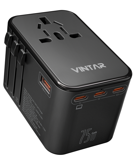 Universal Travel Adapter, VINTAR 75W GaN International Plug Adapter with 3 USB-C PD & 2 USB-A QC, All-in-one Travel Essentials for UK/EU/USA/AUS, Travel Adapter Worldwide for Laptops Phones, Black