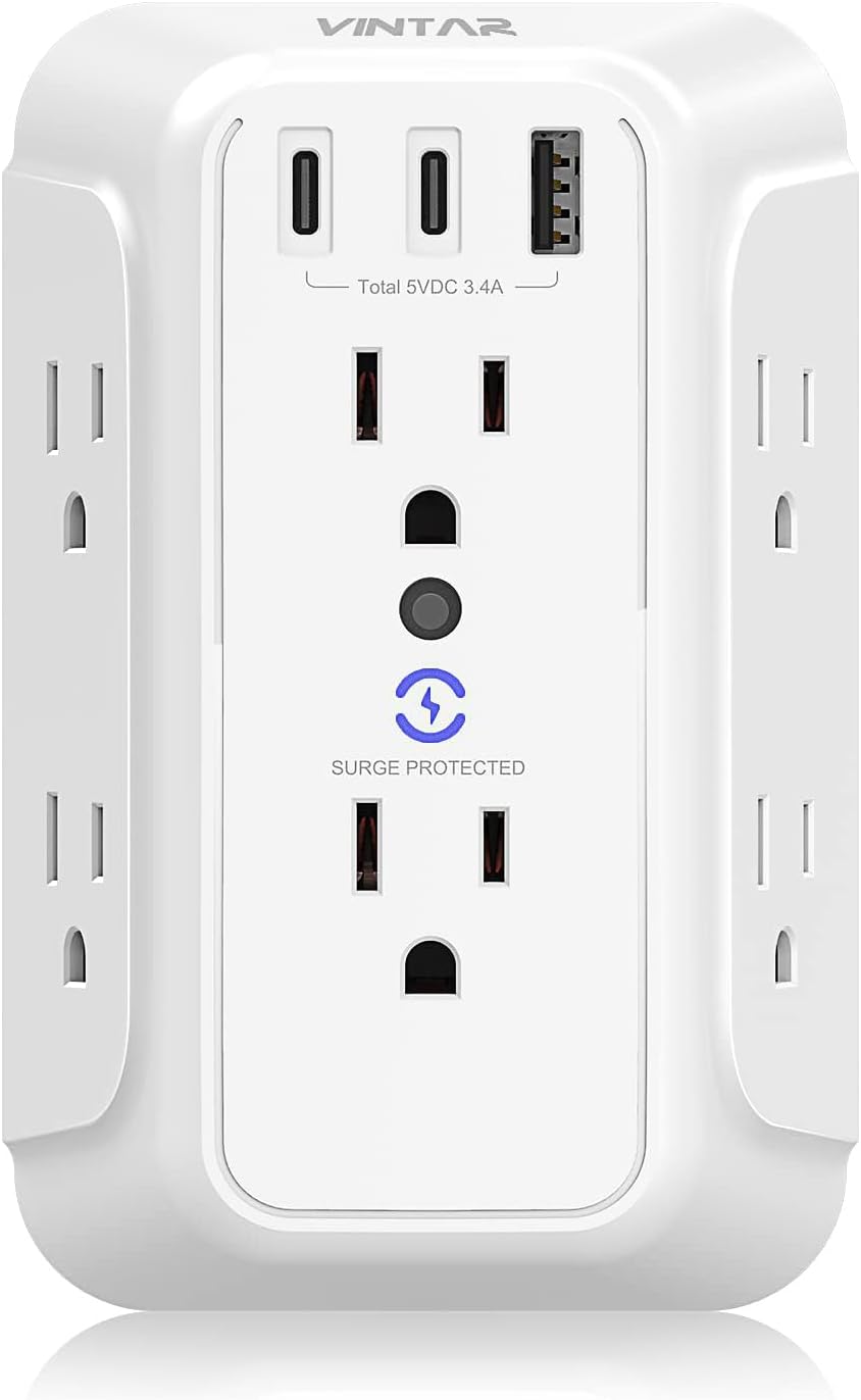 Surge Protector Outlet Extender, VINTAR 6 Outlet Splitter with 3 USB Charging Ports (2 USB C Ports), 900J Multi Plug Outlet Power Strip, 3-Sided USB Wall Charger for Home Office Dorm Room Essentials