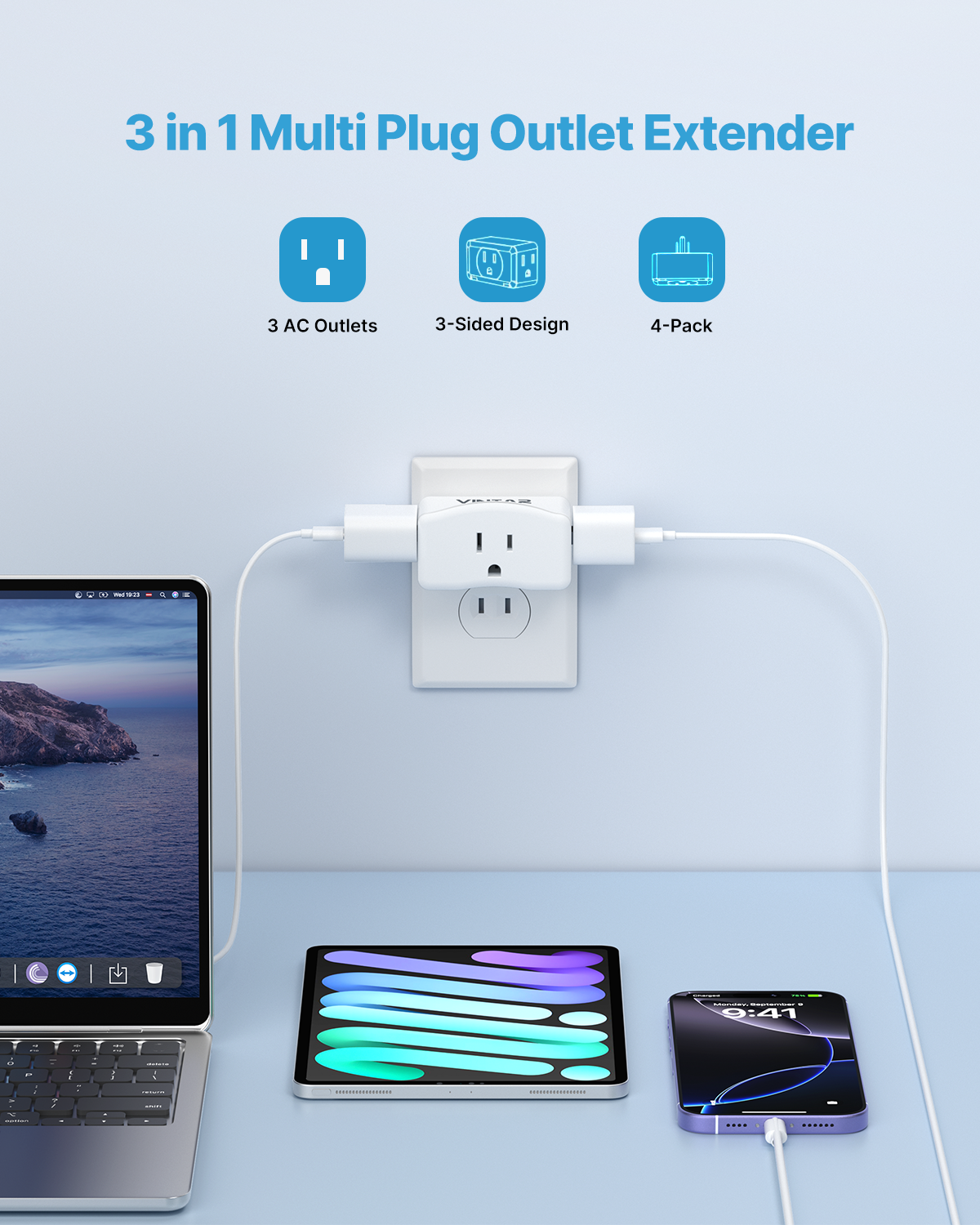 2 Prong to 3 Prong Outlet Adapter, VINTAR 2 Prong Power Strip with 3 AC Outlets (1875W/15A), Polarized Plug, Wall Plug Extender for Non-Grounded Outlet in Old House, Cruise Essentials, 2 Pack