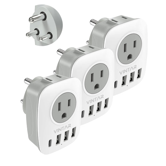 [3-Pack] US to India Plug Adapter, VINTAR Type D Travel Adapter with 1 USB C, 3 USB Ports and 2 American Outlets, 6 in 1 India Power Adapter for USA to India, Bangladesh, Maldives, Pakistan