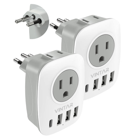 [2-Pack] Brazil Adapter Plug,VINTAR Type N Plug Adapter with 1 USB C,3 USB Ports and 2 American Outlets,6 in 1 Brazil Power Adapter for US to Brazil