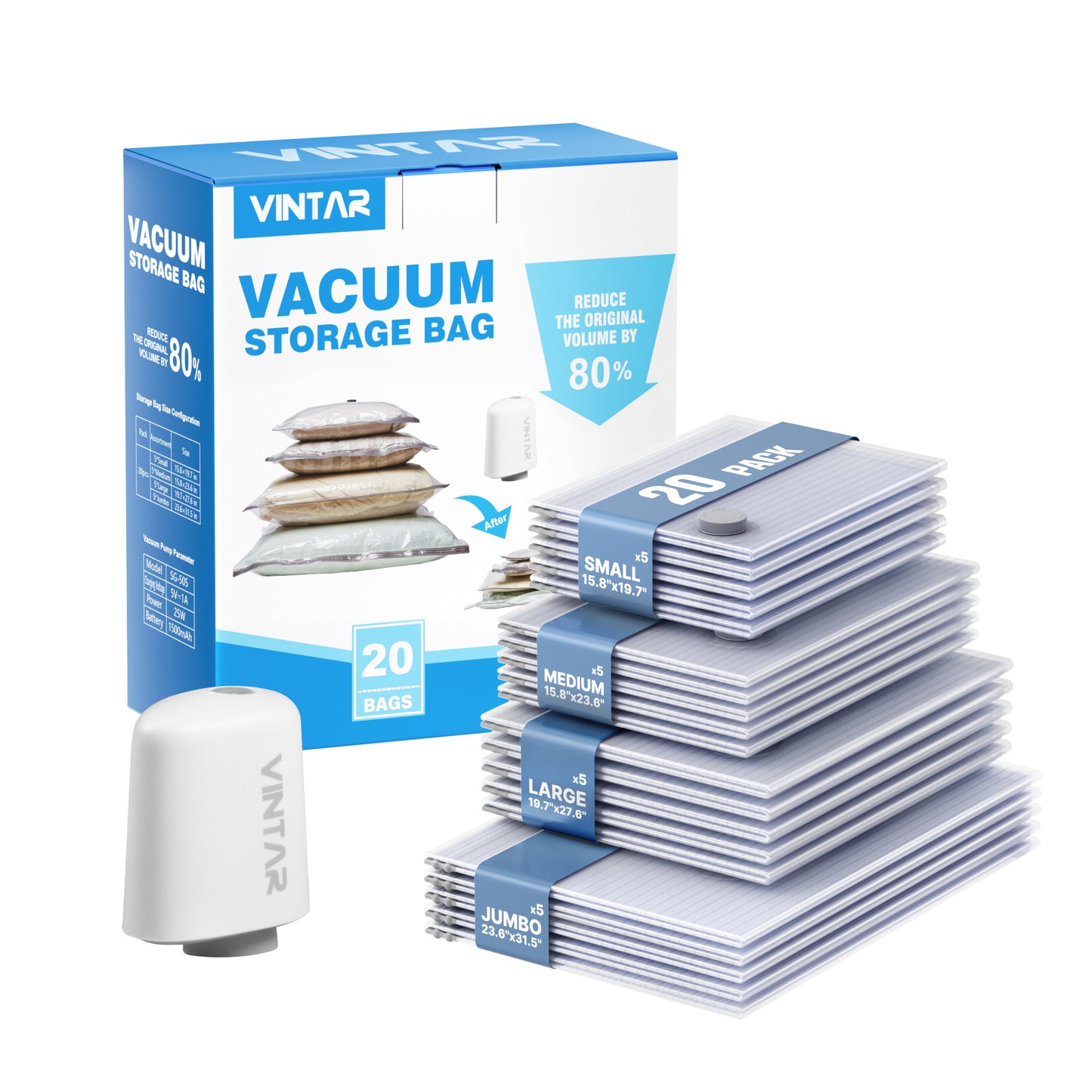 Vacuum Seal Bags for Clothing Travel with Rechargeable Cordless Pump, VINTAR 20 Pack Space Saver Vacuum Storage Bags(5J+5L+5M+5S), Compression Packing Bags for Luggage and Suitcase