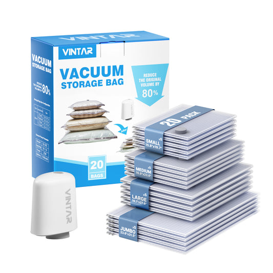 Vacuum Seal Bags for Clothing Travel with Rechargeable Cordless Pump, VINTAR 20 Pack Space Saver Vacuum Storage Bags(5J+5L+5M+5S), Compression Packing Bags for Luggage and Suitcase