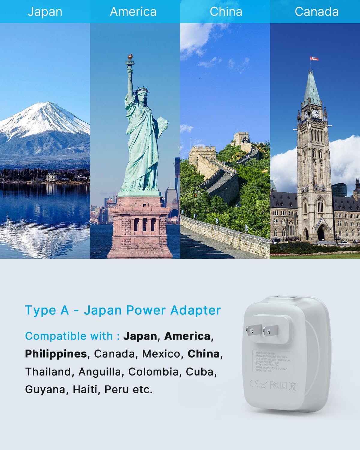 US to Japan Plug Adapter, VINTAR Japan Travel Power Adapter with 2 AC Outlets, 3 USB and 1 USB C Ports, 2 Prong to 3 Prong Outlet Adapter for US to Japanese China Canada Philippines, Type A, 2 Pack