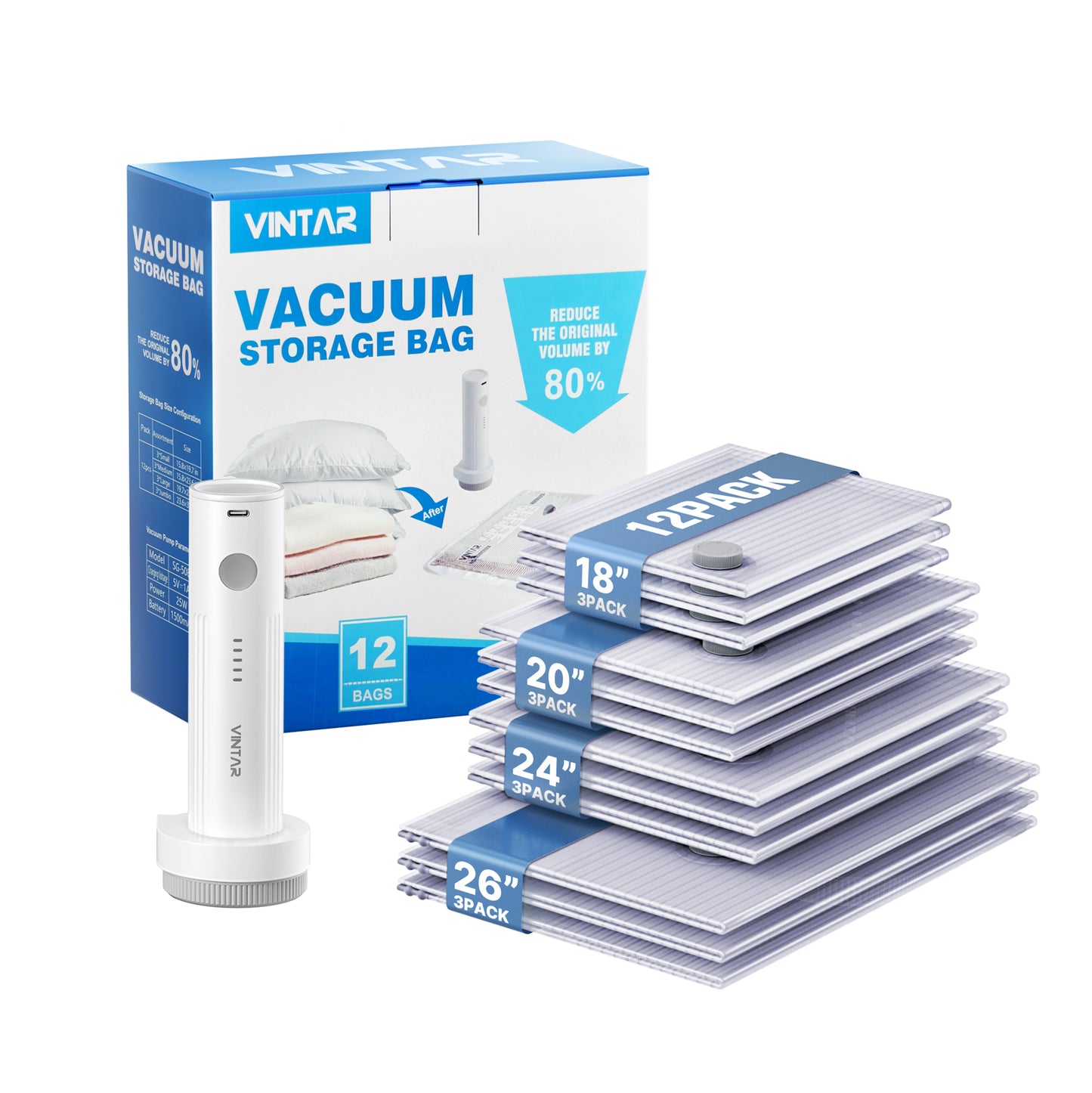 Vacuum Seal Bags for Clothing Travel, VINTAR 12 Pack Vacuum Storage Bags with Rechargeable Wireless Pump, Space Saver Bags(3 Jumbo+3 Large+3 Medium+3 Small) for Travel Luggage, Suitcase Storage