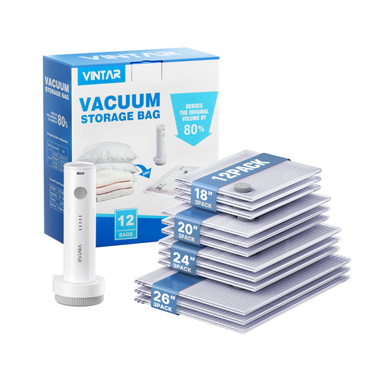 Vacuum Seal Bags for Clothing Travel, VINTAR 12 Pack Vacuum Storage Bags with Rechargeable Wireless Pump, Space Saver Bags(3 Jumbo+3 Large+3 Medium+3 Small) for Travel Luggage, Suitcase Storage