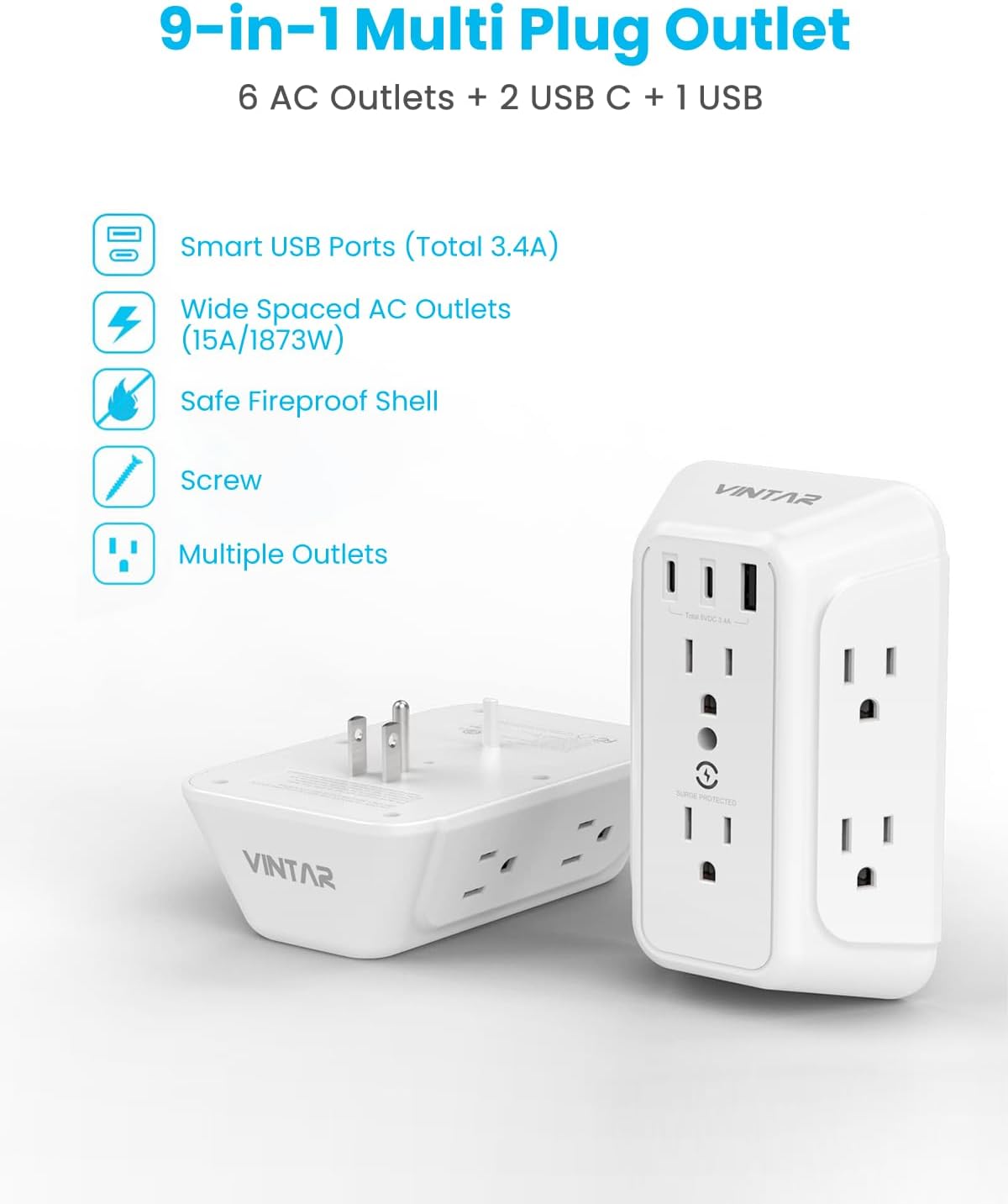 Surge Protector Outlet Extender, VINTAR 6 Outlet Splitter with 3 USB Charging Ports (2 USB C Ports), 900J Multi Plug Outlet Power Strip, 3-Sided USB Wall Charger for Home Office Dorm Room Essentials