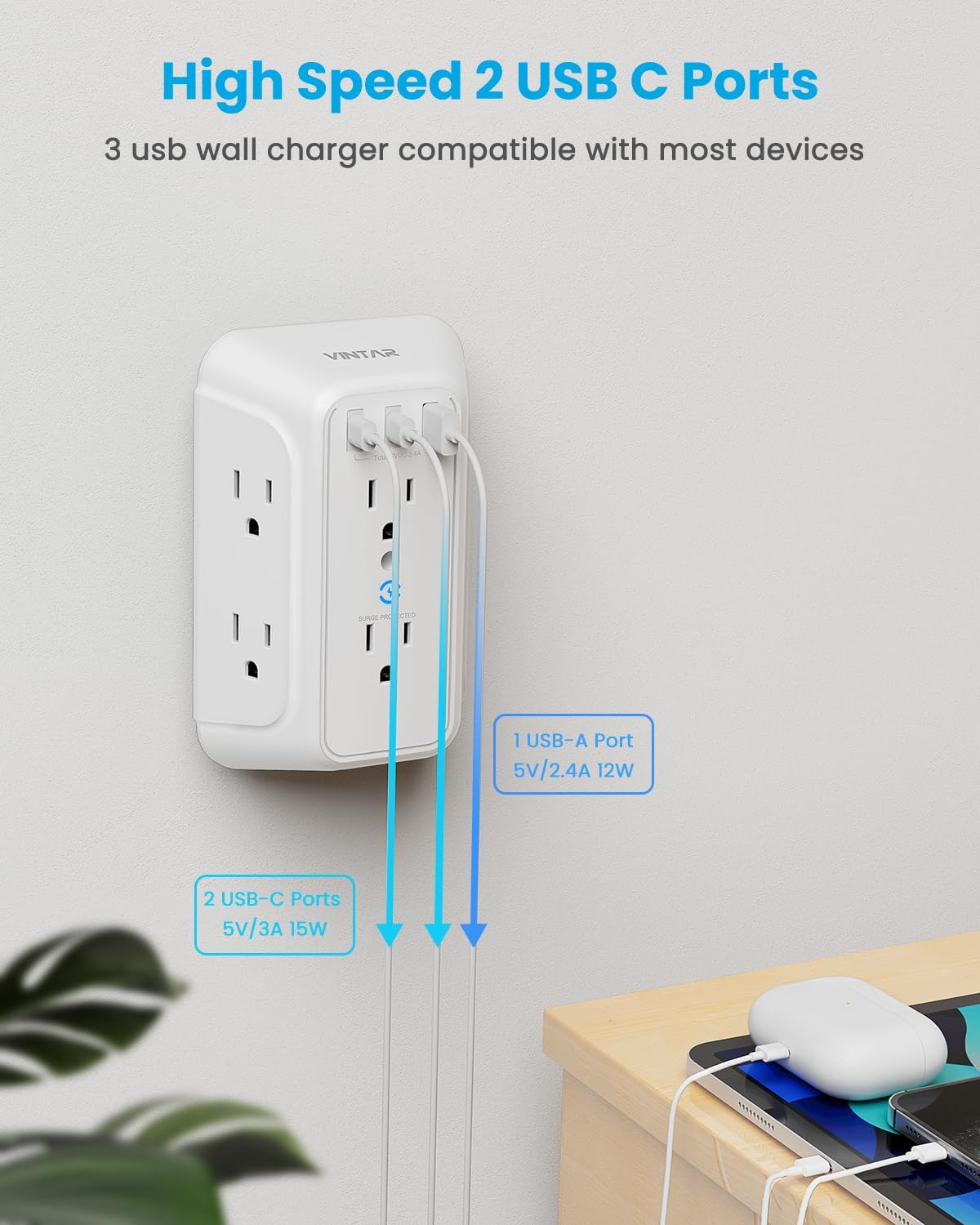 Surge Protector Outlet Extender, VINTAR 6 Outlet Splitter with 3 USB Charging Ports (2 USB C Ports), 900J Multi Plug Outlet Power Strip, 3-Sided USB Wall Charger for Home Office Dorm Room Essentials