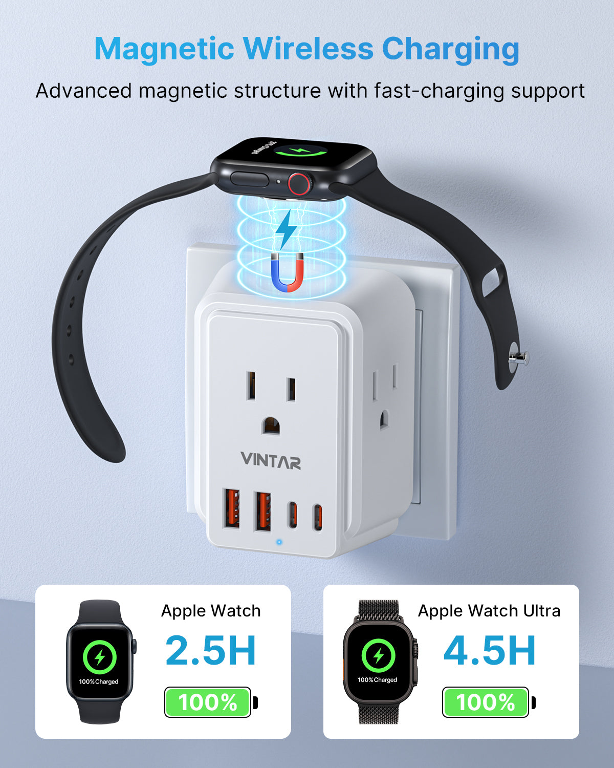 Universal Travel Adapter Kit, VINTAR International Power Adapter for Apple Watch Charger with 3 AC Outlets 4 USB Ports (2 USB C), Type A/C/D/G/I/M Detachable Plugs, US to Europe/UK/India/Africa